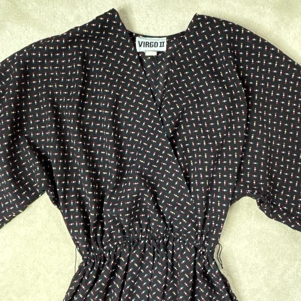 Vintage Virgo II Floral Retro Midi Dress Black Polka Dot Women's 8 Union Made - Picture 2 of 10